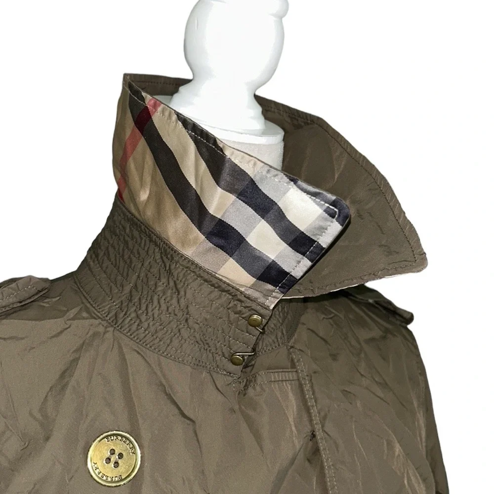 Burberry Peasdale Brown Tan Nylon Double Breasted Gold Button Trench Jacket - 8